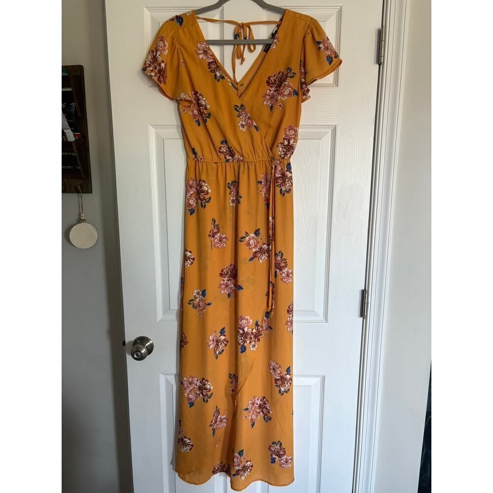 Three Pink Hearts Floral Tie Back Faux Wrap Maxi Dress Yellow Small
